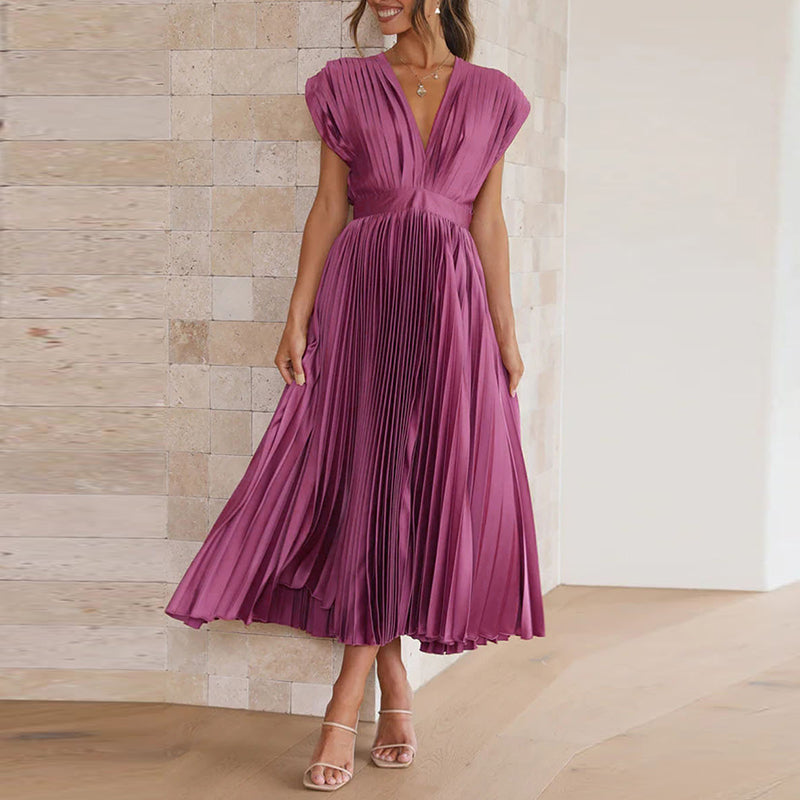 Pleated Deep V-Neck Fit and Flare Midi Dress - View 6