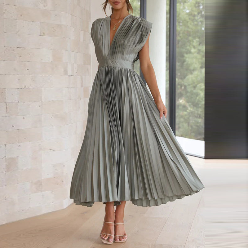 Pleated Deep V-Neck Fit and Flare Midi Dress