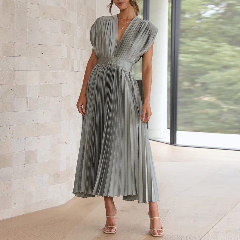 Pleated Deep V-Neck Fit and Flare Midi Dress - View 2