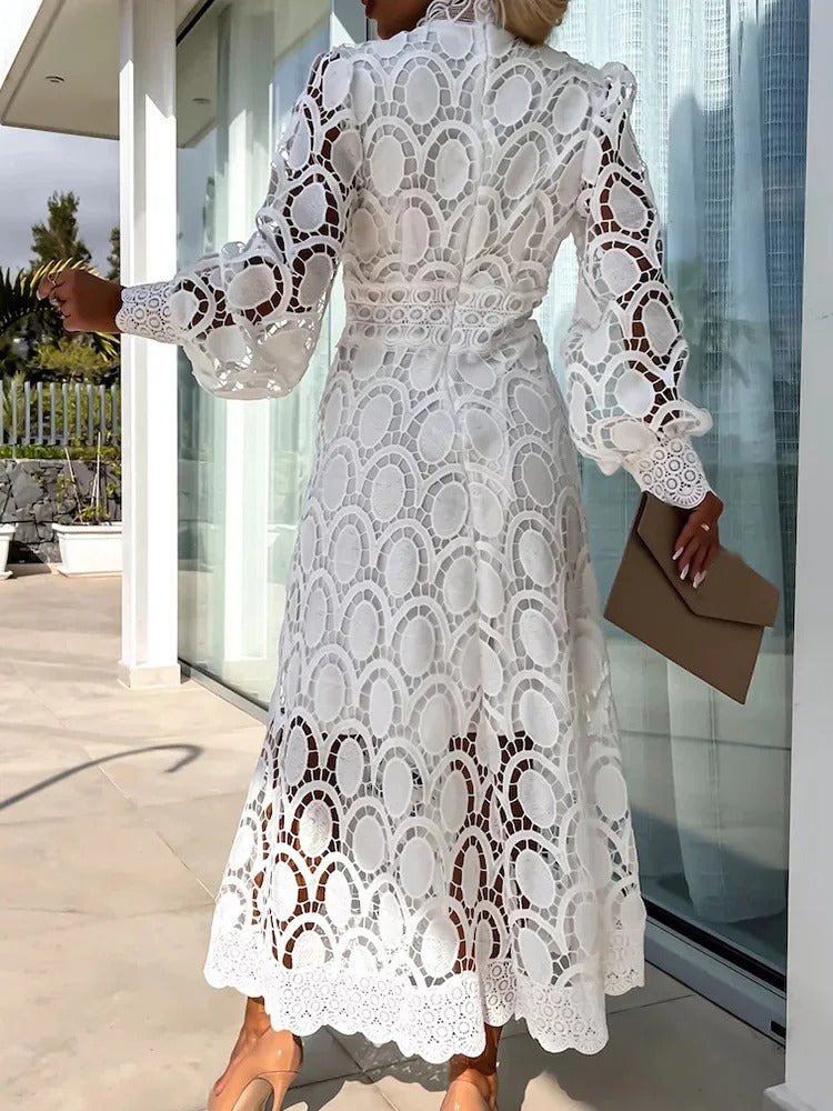 Lace Mock Neck Puff Sleeve Structured Waistband A-Line Midi Dress - View 4