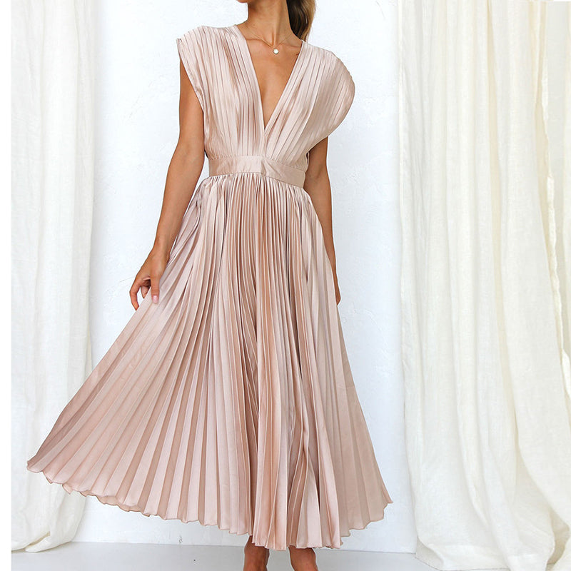 Pleated Deep V-Neck Fit and Flare Midi Dress - View 9