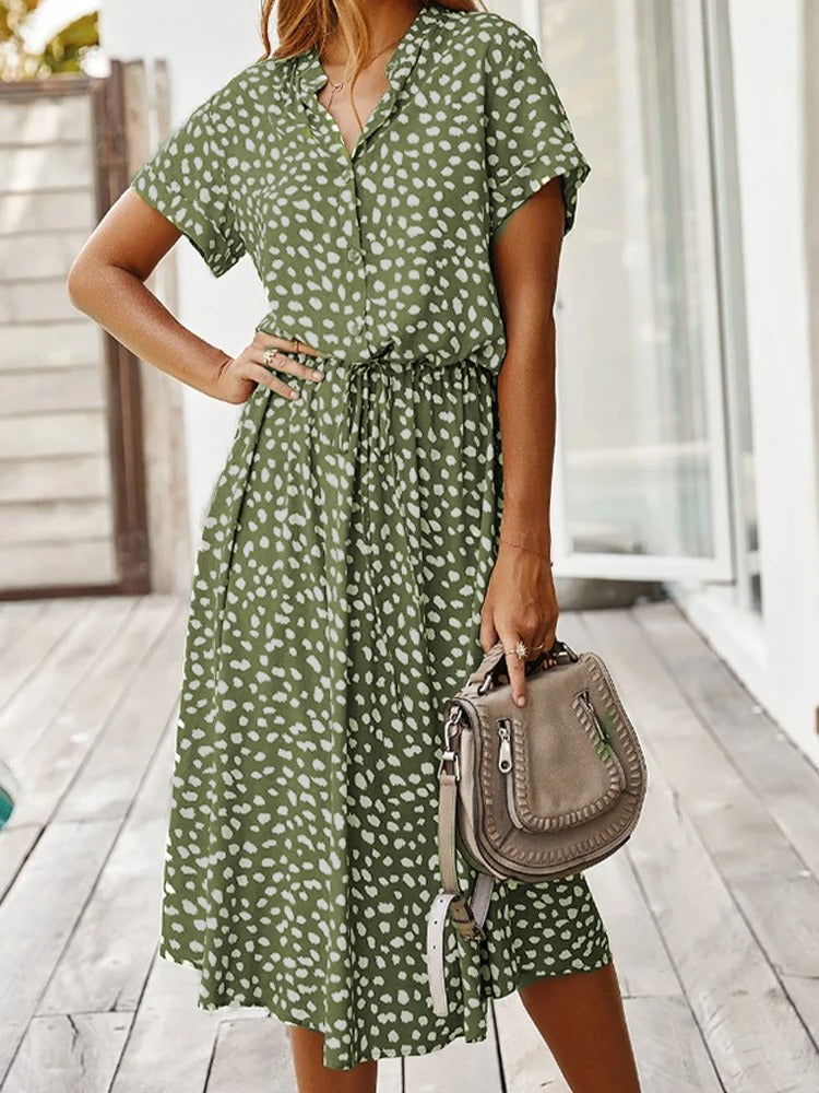 Leopard Print Collared Button Down Short Sleeve Midi Dress - View 3