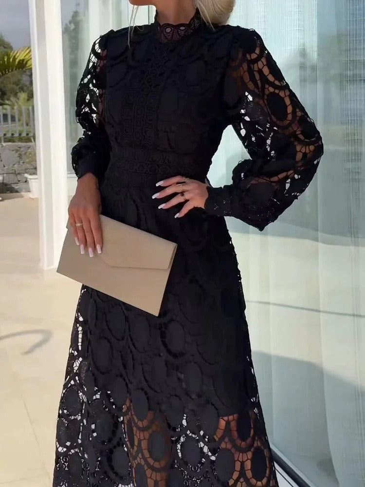 Lace Mock Neck Puff Sleeve Structured Waistband A-Line Midi Dress - View 6