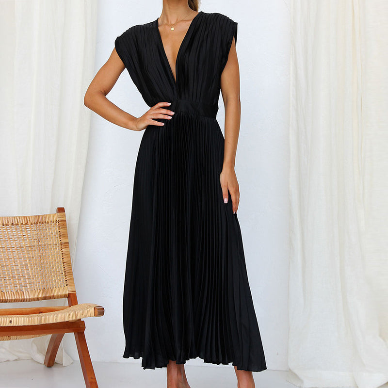 Pleated Deep V-Neck Fit and Flare Midi Dress - View 12
