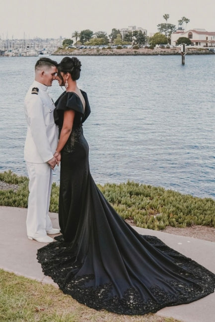 Designer Jewel Sleeveless Mermaid Satin Split Wedding Dress with Lace - Fashionpara