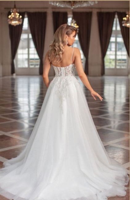 Designer Elegant A-line V-neck Tulle Sleeveless Bridal Gown With Delicate Lace - Fashionpara