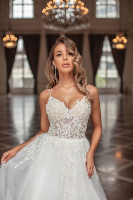 Designer Elegant A-line V-neck Tulle Sleeveless Bridal Gown With Delicate Lace - Fashionpara