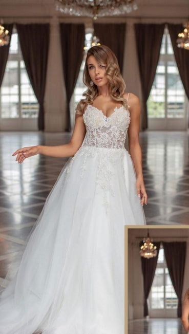 Designer Elegant A-line V-neck Tulle Sleeveless Bridal Gown With Delicate Lace - Fashionpara