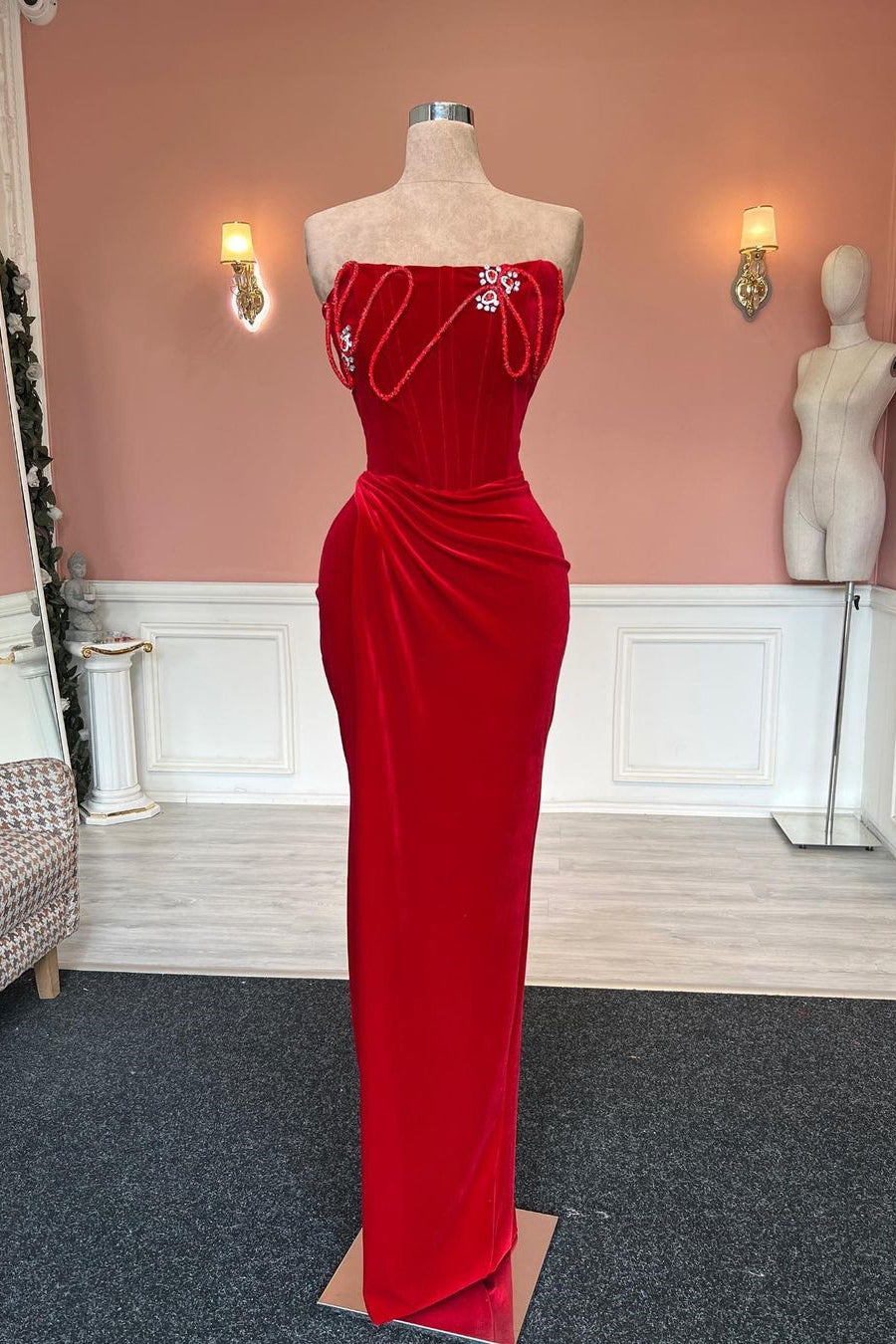 Designer Floor-Length Column Red Strapless Velvet Jewels Prom Dress - Fashionpara