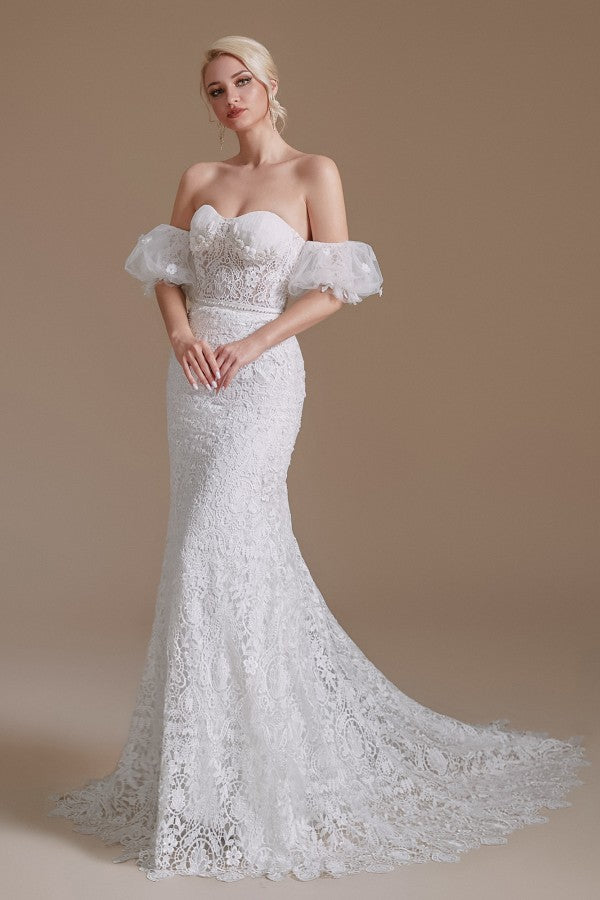 Detachable Bubble Sleeves Lace Wedding Dress Mermaid Long - Fashionpara