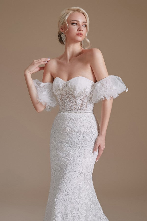 Detachable Bubble Sleeves Lace Wedding Dress Mermaid Long - Fashionpara