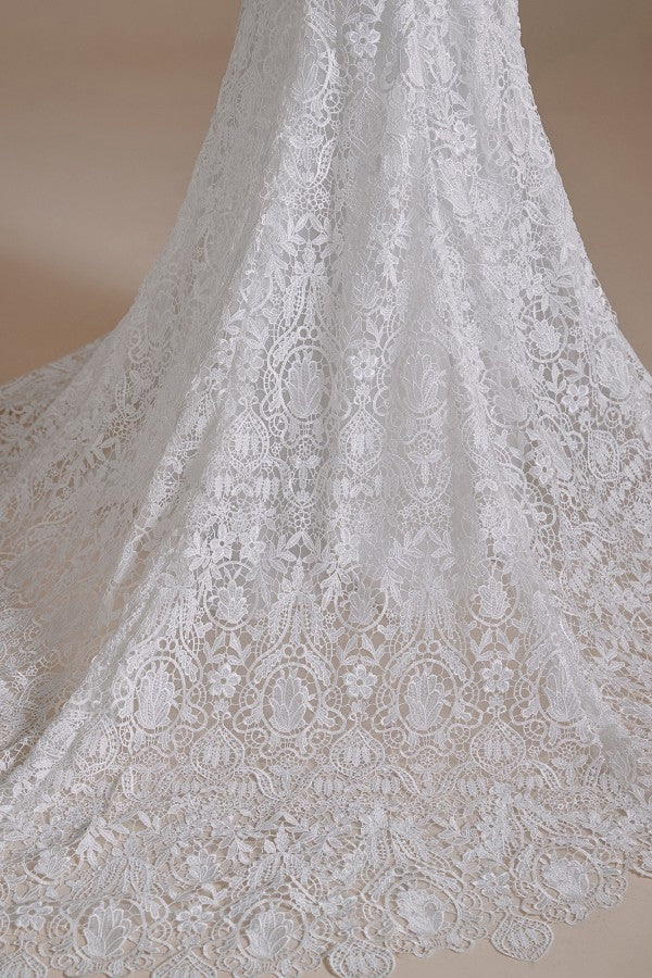 Detachable Bubble Sleeves Lace Wedding Dress Mermaid Long - Fashionpara