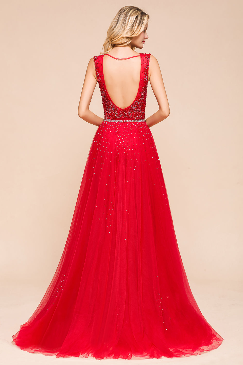 Detachable Red V-Neck Long Prom Dress Sleeveless Beadings Tulle Evening Gowns - Fashionpara