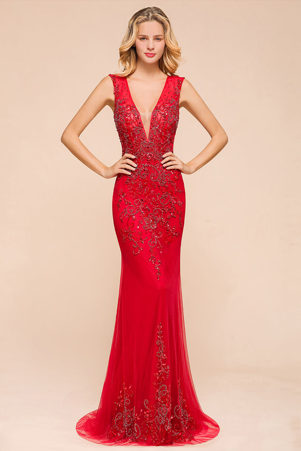 Detachable Red V-Neck Long Prom Dress Sleeveless Beadings Tulle Evening Gowns - Fashionpara
