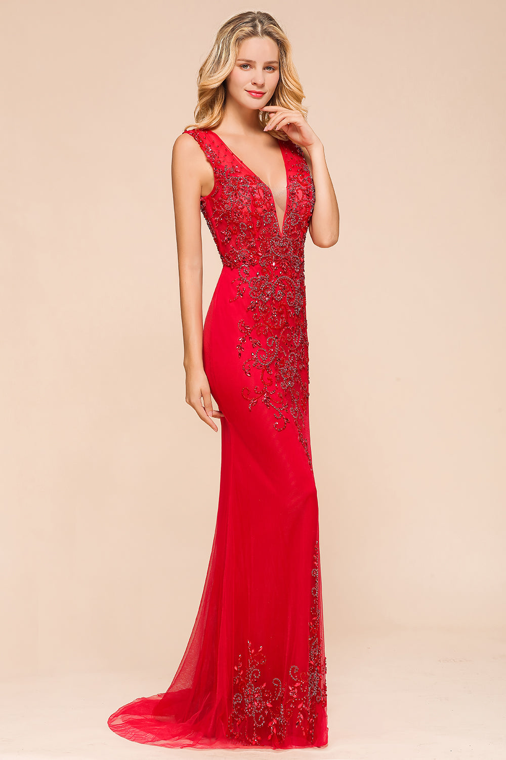 Detachable Red V-Neck Long Prom Dress Sleeveless Beadings Tulle Evening Gowns - Fashionpara
