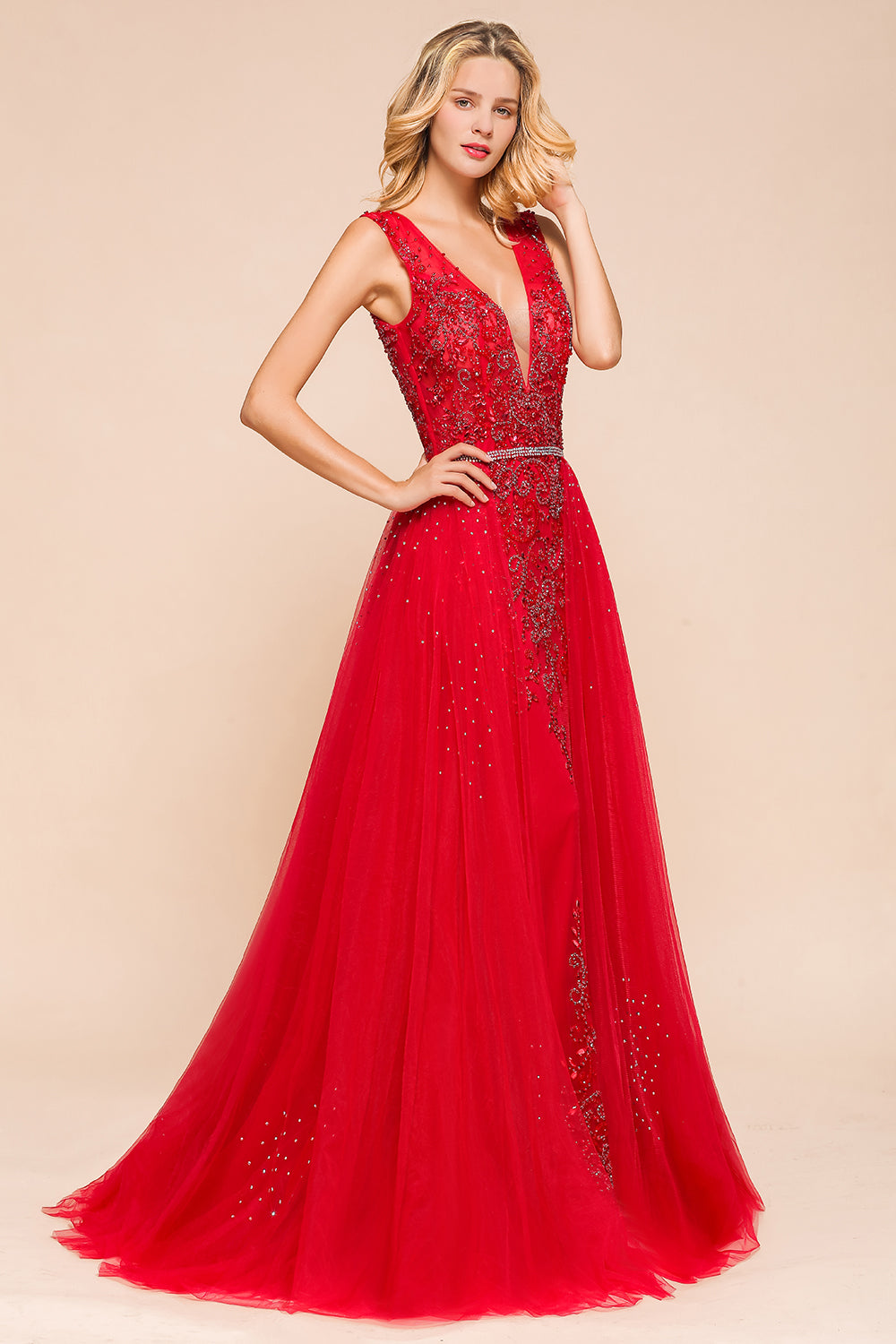 Detachable Red V-Neck Long Prom Dress Sleeveless Beadings Tulle Evening Gowns - Fashionpara