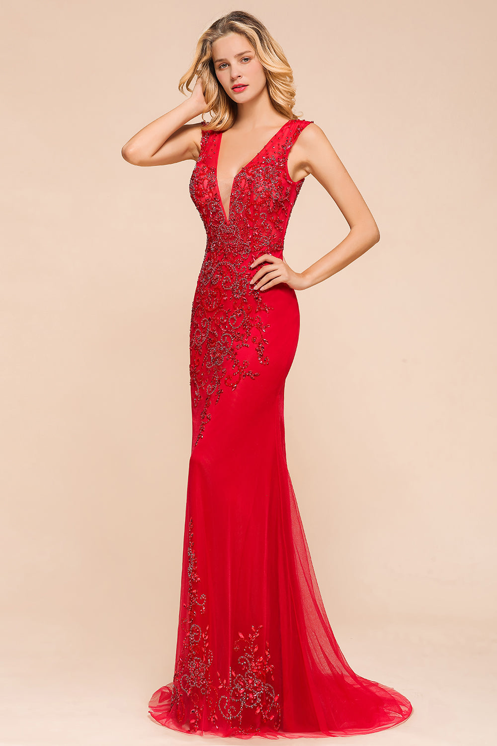 Detachable Red V-Neck Long Prom Dress Sleeveless Beadings Tulle Evening Gowns - Fashionpara