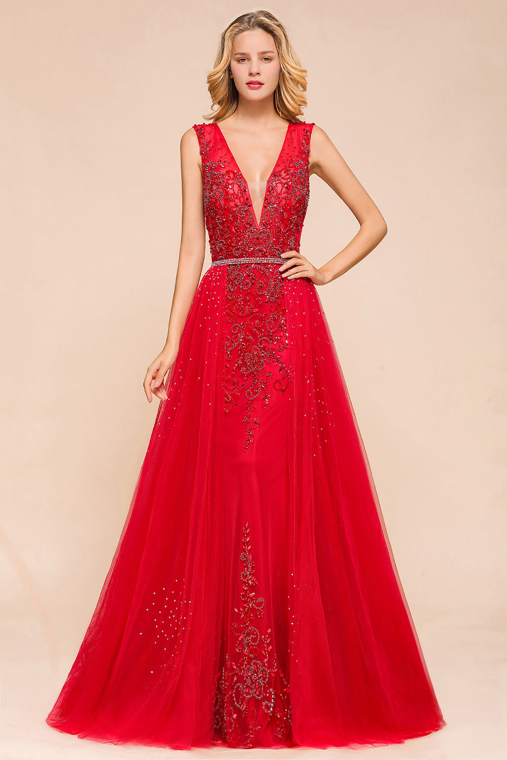 Detachable Red V-Neck Long Prom Dress Sleeveless Beadings Tulle Evening Gowns - Fashionpara