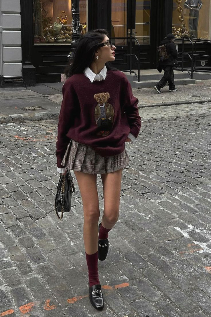 Retro Bear Embroidered Slim Knit Sweater