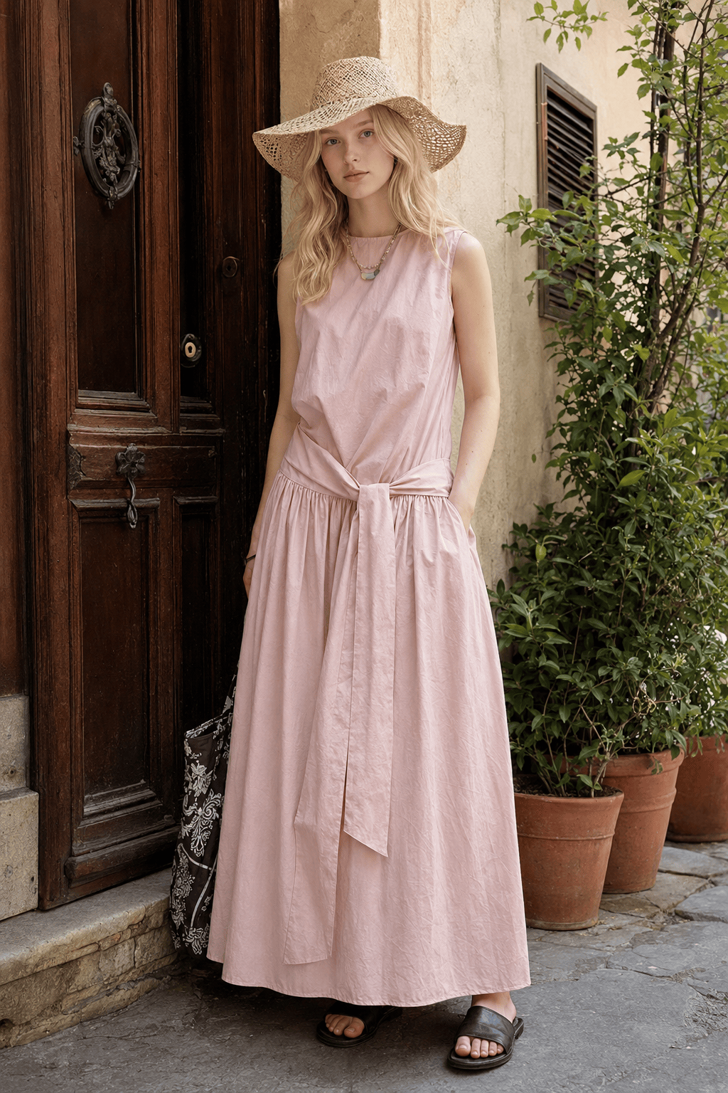 Sleeveless Drop-Waist Tie-Front Tiered Maxi Dress