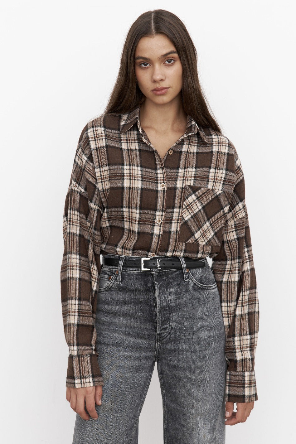 Collared Plaid Pocket Long Sleeve Shirt Blouse
