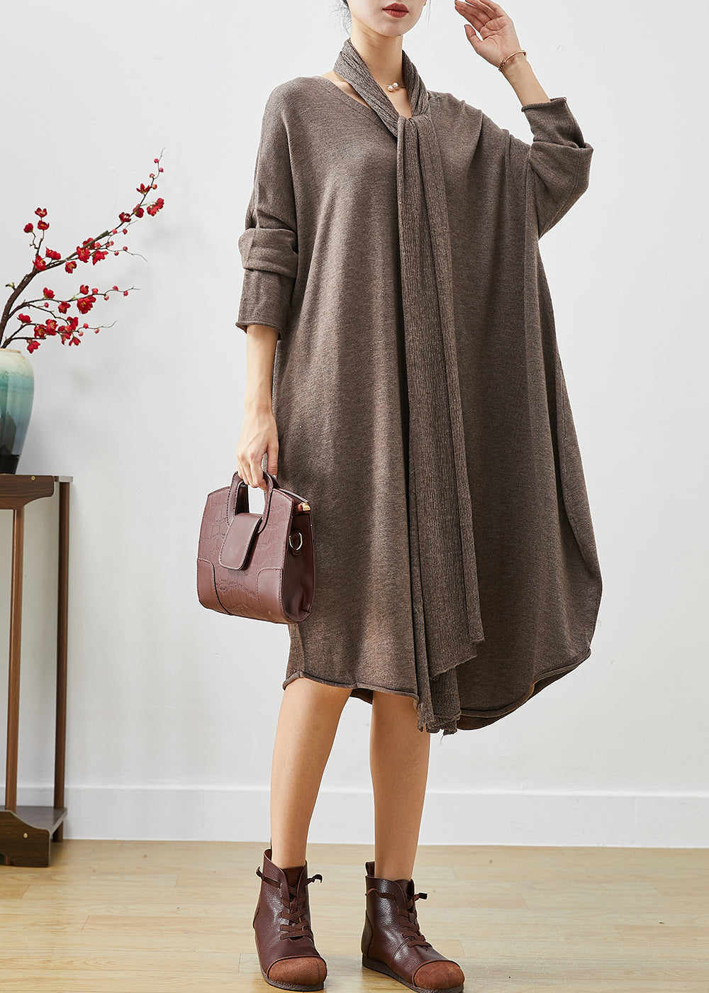 Knit Scarf Neck Long Sleeve Oversized Draped Hem Midi Sweater Dress