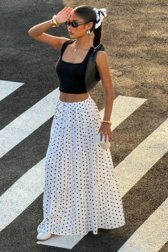 Polka Dot Ruffle Maxi Skirt