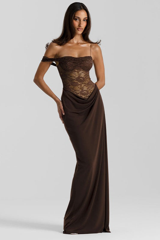 Off Shoulder Lace Corset High Split Maxi Gown