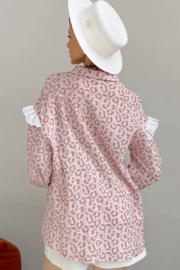 Elegant Leopard Print Cotton Long Sleeve Blouse