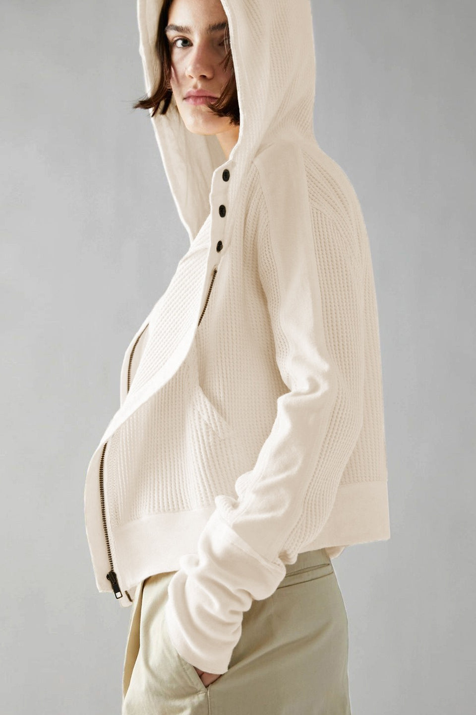 Waffle Texture Zip Front Cropped Hoodie