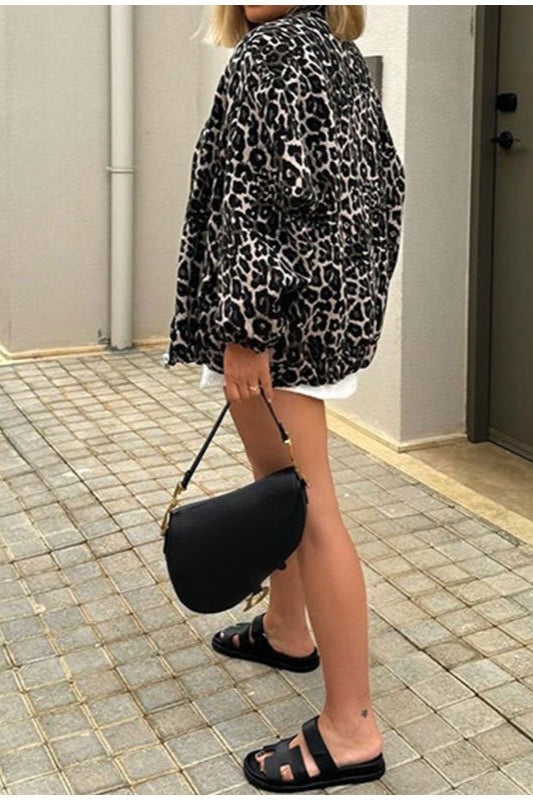 Animal Print Notch Collar Zip-Up Coat for Chic Style