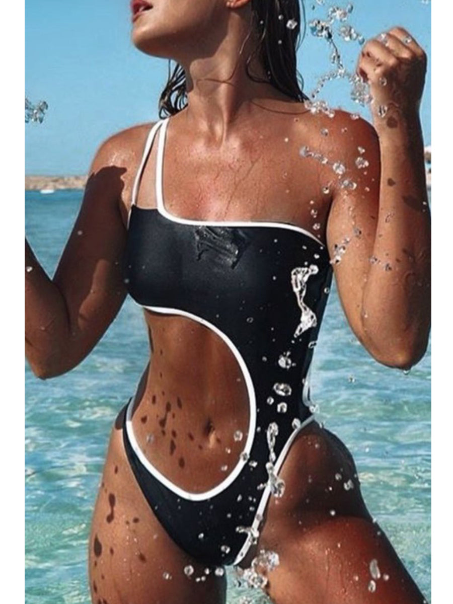 One Shoulder Cutout Patchwork Black One-piece Swimsuit - Fashionpara