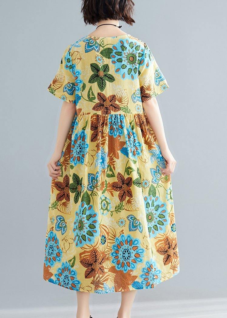 Floral Print Round Neck Short Sleeve Babydoll Gathered Midi Dress - View 4