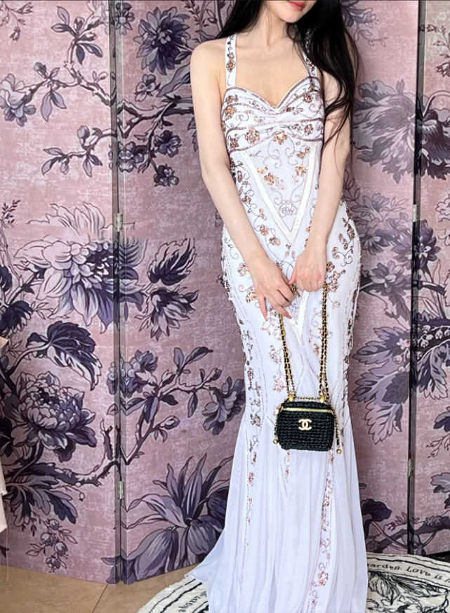 White Mermaid Long Prom Dress Beaded Vintage Evening Dress - Fashionpara