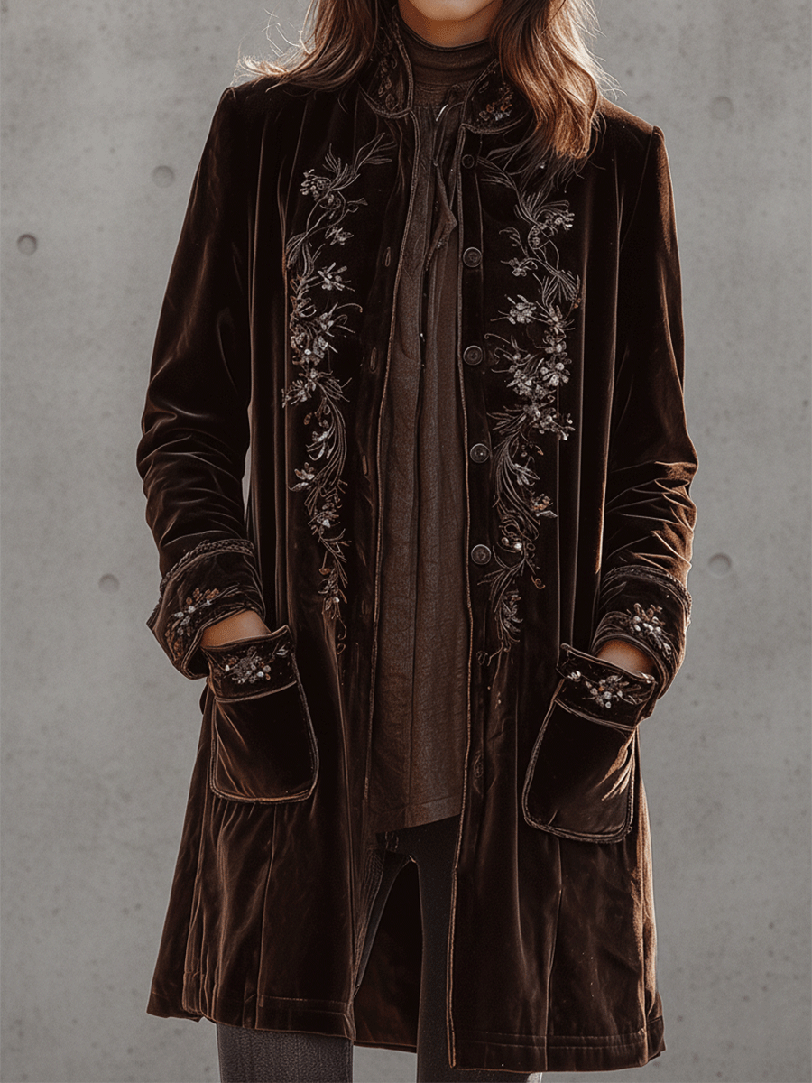 Vintage Chocolate Velvet Embroidered Long Coat
