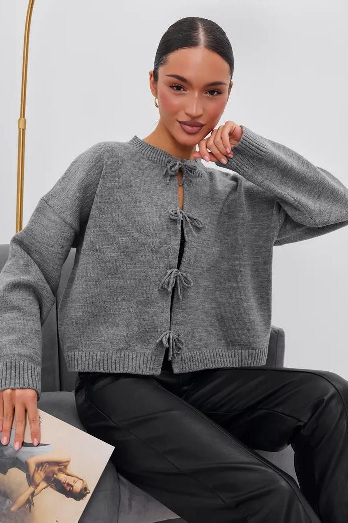 Tie Front Crew Neck Relaxed Knit Cardigan 2