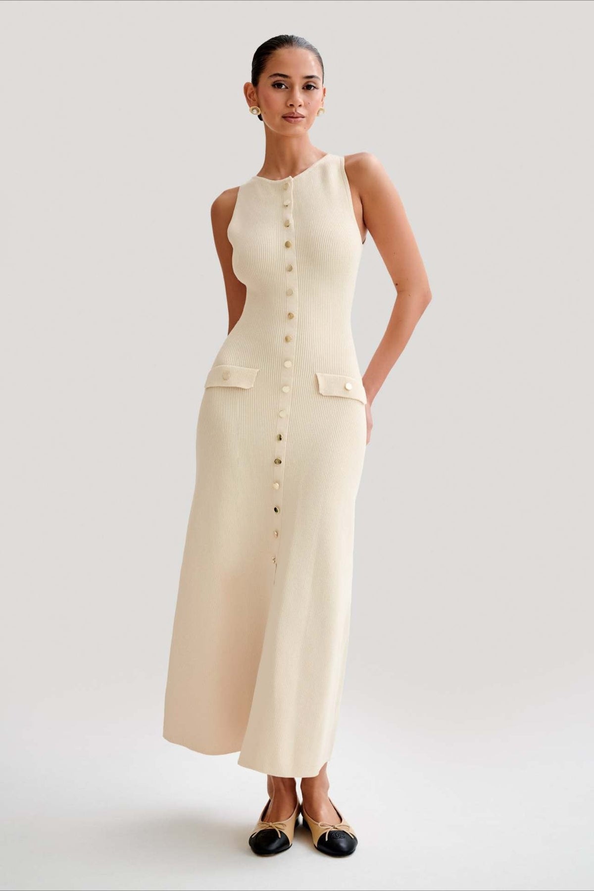 Knit Sleeveless Button Midi Dress