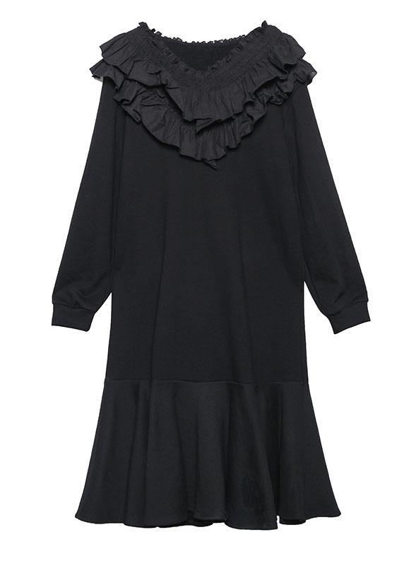 Tiered Ruffle Collar Long Sleeve Ribbed Cuff Flounce Hem Midi Dress - View 5