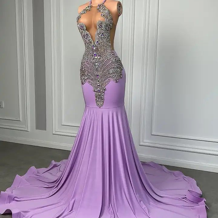 Fabulous Long Lilac Sleeveless Halter Mermaid Formal Dresses With Beads - Fashionpara