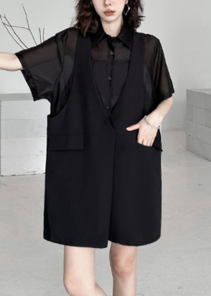 Faux Two-Piece Sheer Button Front Shirt Sleeveless Midi Dress - View 3