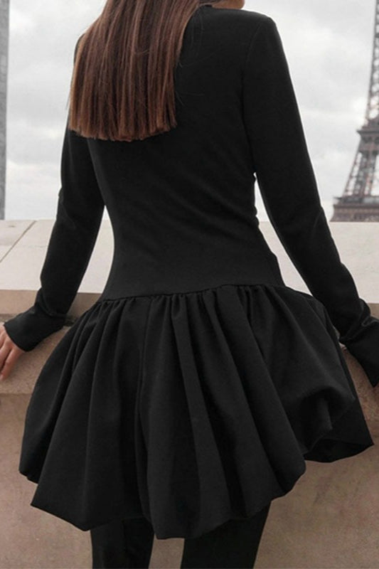 Fitted High-Neck Long-Sleeve Bubble-Hem Mini Dress