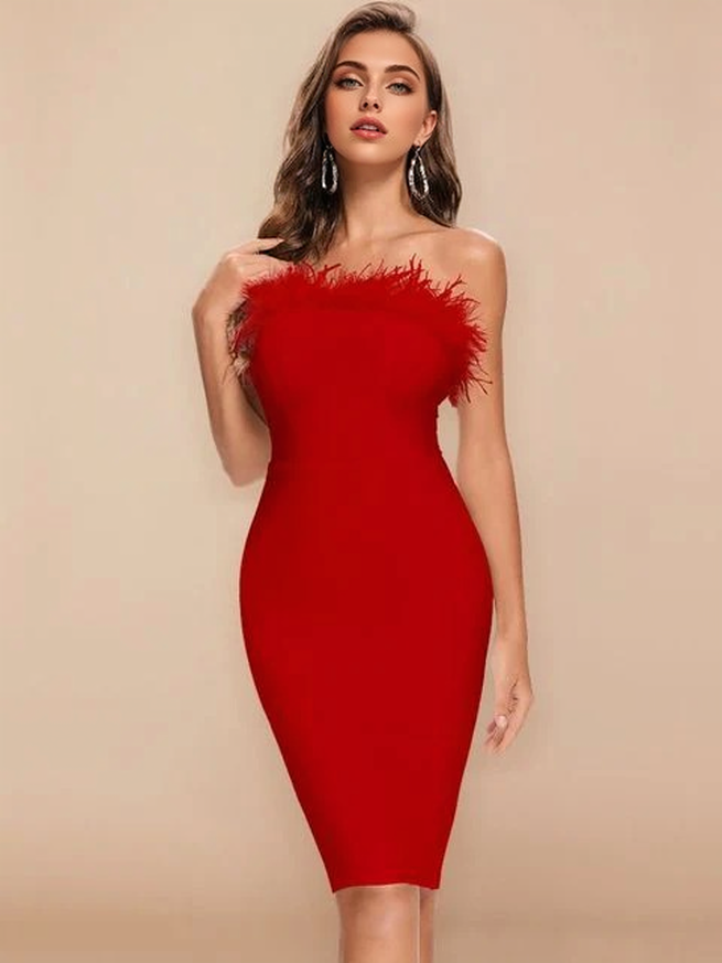Bodycon Red High Feathers Club Dresses 3