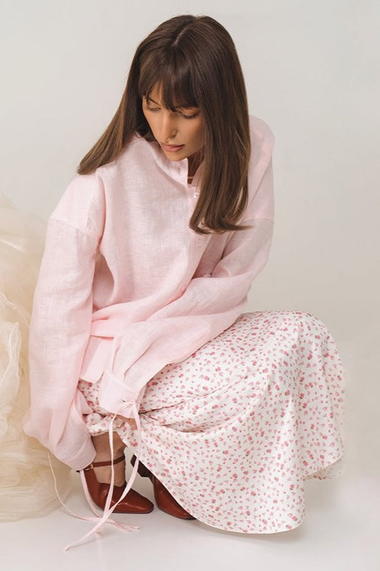 Pink Structured Tie-Waist Long Sleeve Blouse