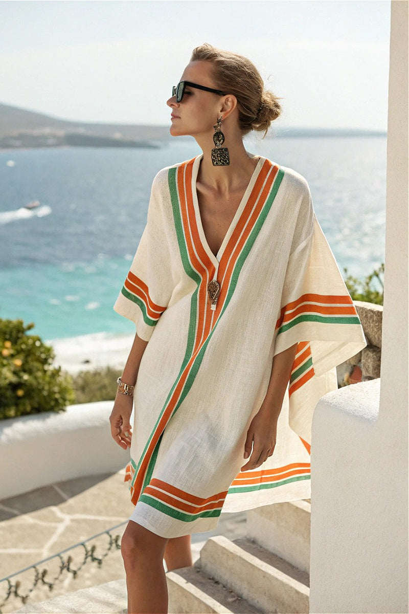 Striped Embroidered V-Neck Kimono Kaftan Dress