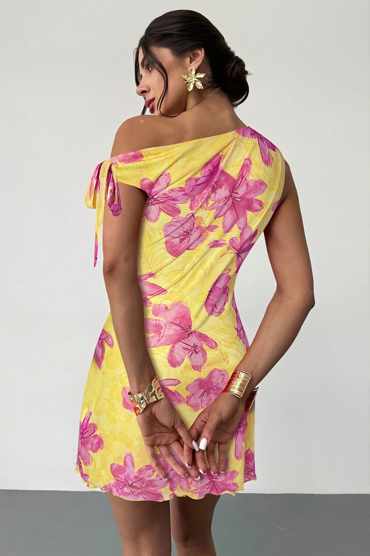 Floral One Shoulder Tie Front Draped Mini Dress