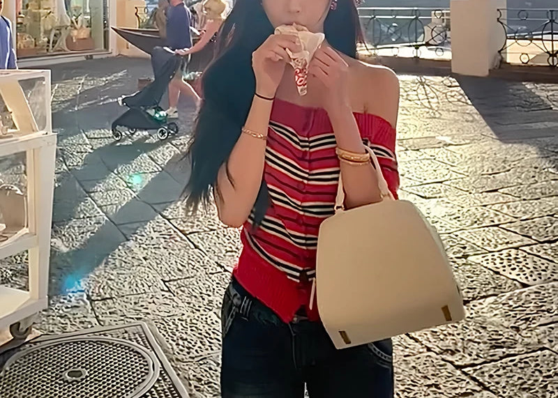 Y2K Striped Off Shoulder Sweater Top for Effortless Style