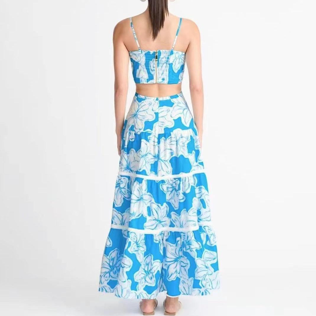 KittenAlarm - Diane Spaghetti Strap Hollow Out Aloha Print Maxi Dress
