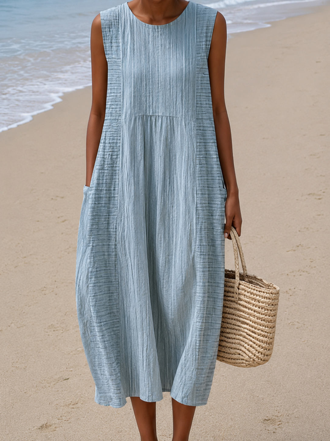 Textured Crew Neck Sleeveless Pocket Midi Dress