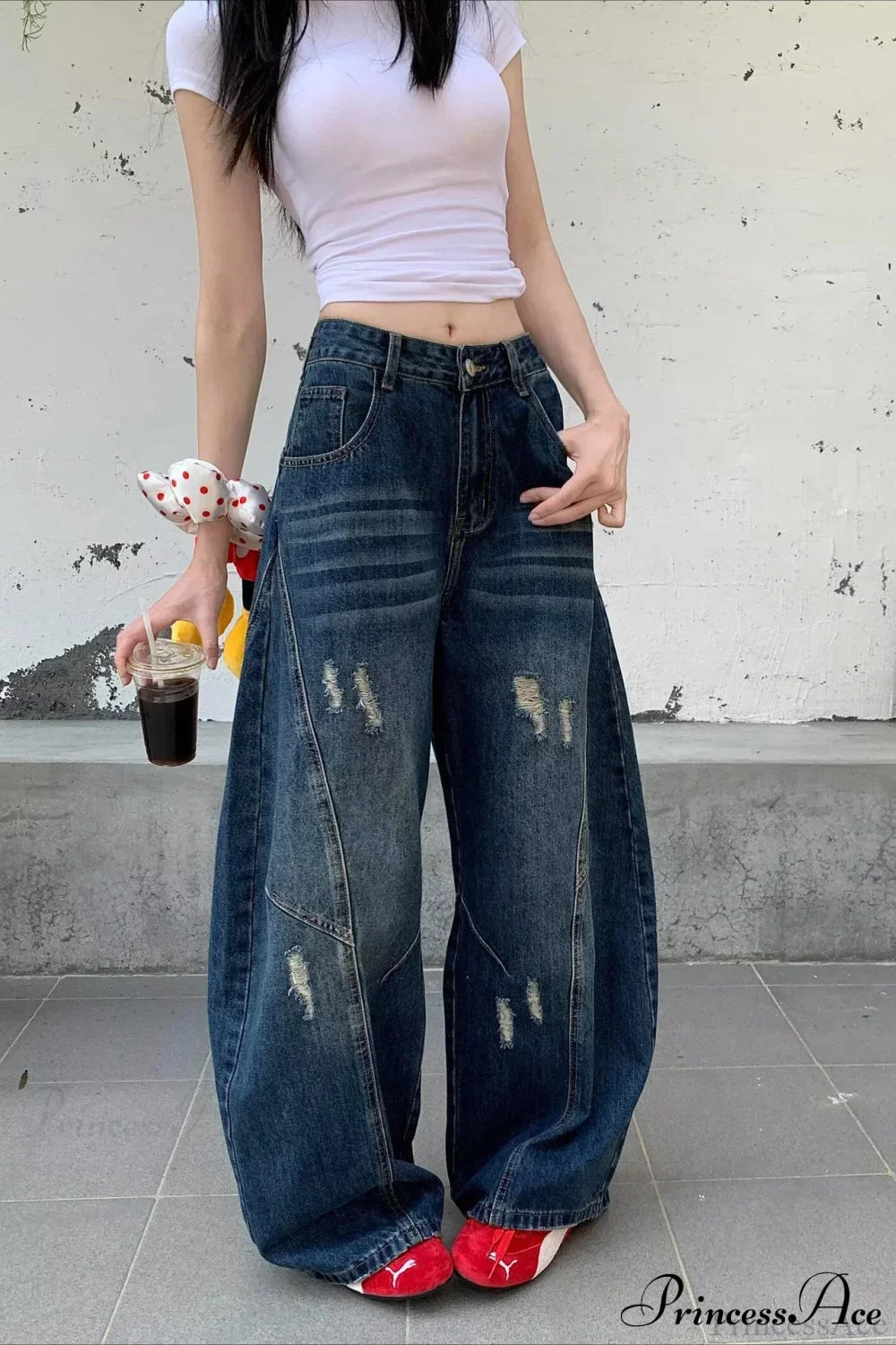 Distressed Curved Loose Wide Leg Casual Utility Jeans