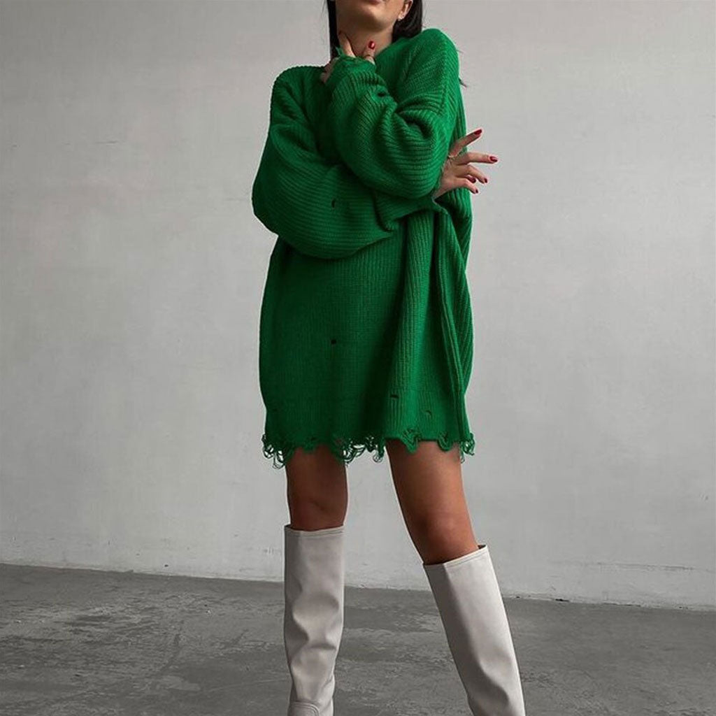Distressed Trim Pullover Sweater Mini Dress - Emerald Green 2